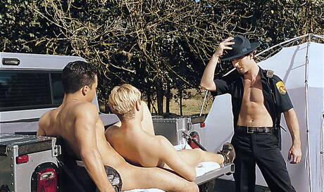 Falcon Studios: Justin Dragon, Hans Ebson and Christian Taylor in threesome fuck scene outside