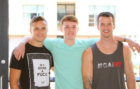 Hot guys Sawyer, Quentin Gainz and Dominic in hot threesome anal sex outdoor