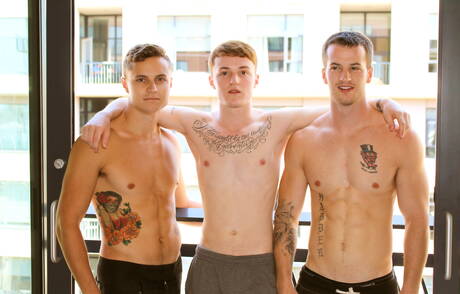 Hot guys Sawyer, Quentin Gainz and Dominic in hot threesome anal sex outdoor