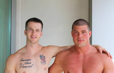 Active Duty: Two american boys well-built Quentin Gainz and muscular Brad Banks fuck after dick sucking