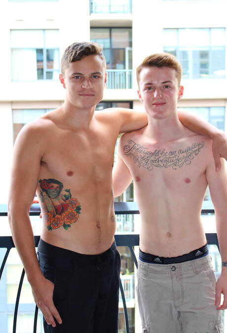 Young dude Sawyer and twink Dominic fuck ass after blowjob outdoor