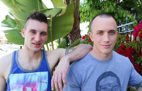 Hunky guy James and muscular Scott Millie have a hot couple scene outside