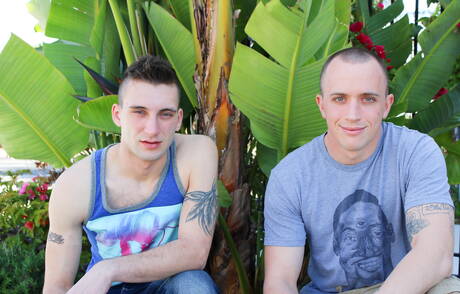 Hunky guy James and muscular Scott Millie have a hot couple scene outside