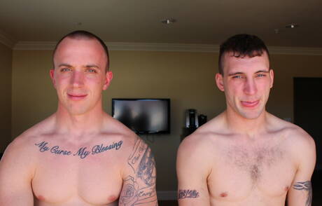 Hunky guy James and muscular Scott Millie have a hot couple scene outside