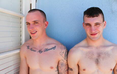 Hunky guy James and muscular Scott Millie have a hot couple scene outside