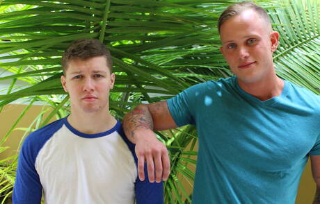 Stud Gabriel Watson and american hunky guy Zack Matthews have anal sex outdoor