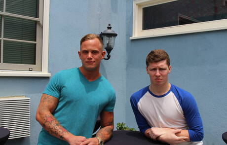 Stud Gabriel Watson and american hunky guy Zack Matthews have anal sex outdoor