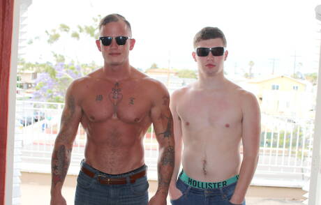 Stud Gabriel Watson and american hunky guy Zack Matthews have anal sex outdoor