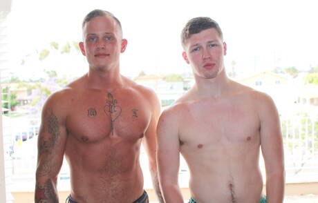 Stud Gabriel Watson and american hunky guy Zack Matthews have anal sex outdoor