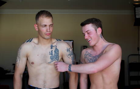 Beefy Dominic and well-built Chase? fuck after blowjob outside