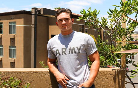 Muscular David Prime posing naked and showing tight butt outdoor