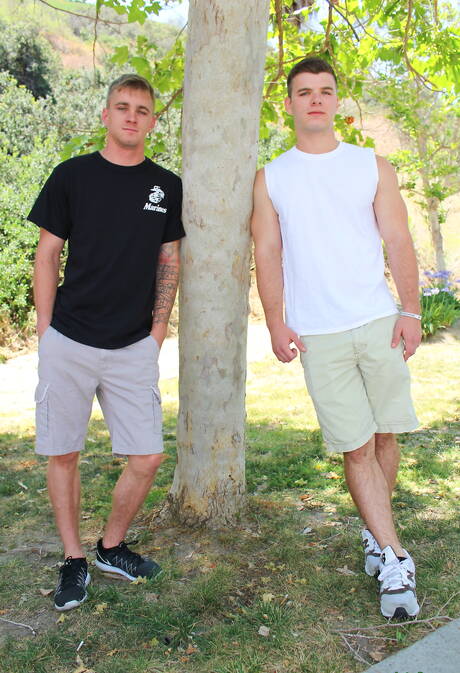 Active Duty: Pretty american boys beefy Ivan James and hot twink Ryan Jordan fuck after dick sucking outdoor