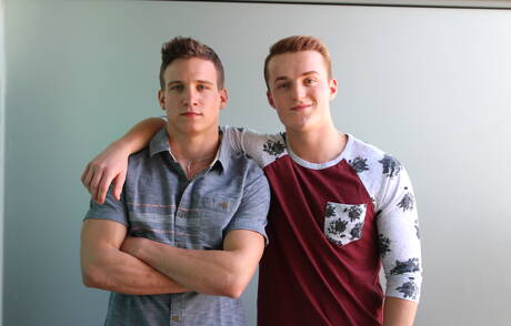 Beautiful dude Mike Hollister and attractive buddy Dominic in hot ass bang outside