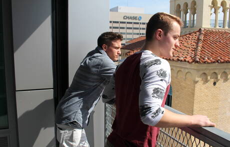 Beautiful dude Mike Hollister and attractive buddy Dominic in hot ass bang outside