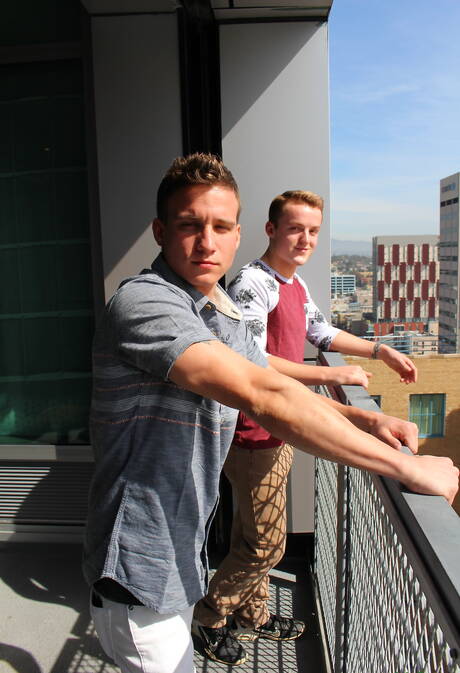 Beautiful dude Mike Hollister and attractive buddy Dominic in hot ass bang outside