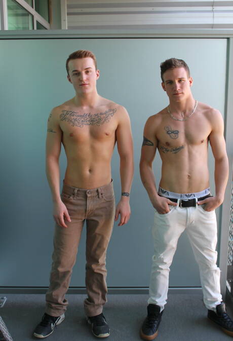 Beautiful dude Mike Hollister and attractive buddy Dominic in hot ass bang outside