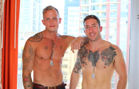 Active Duty: American husky guy Zack Matthews and strongman Brad Powers fuck after dick sucking outside