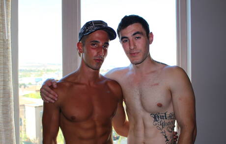 Muscular Jake Grey and well-built Johnny fuck ass after sucking dick outdoor