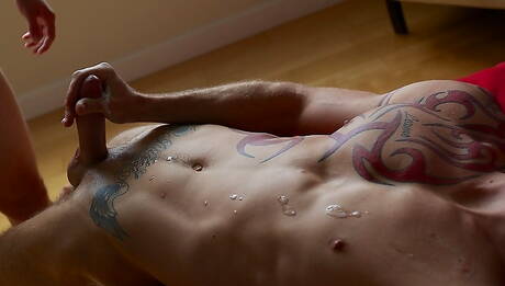 Husky guy Jake and strongman Sawyer sucking and fucking each other with fisting