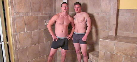 Strongman Shea and beefcake James have a hot couple sex in bathroom
