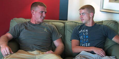 Active Duty: Hunky guy Drew and stud James in cock sucking scene