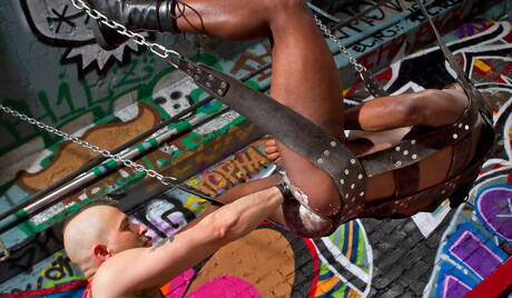 American stud Tony Buff and ebony tough guy Race Cooper in interracial fisting