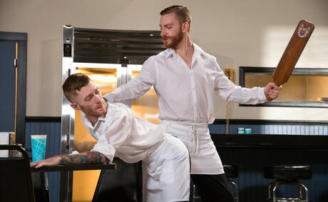 American stars husky guy Sebastian Keys and hairy stud Seamus Oreilly in hot ass fuck action in kitchen