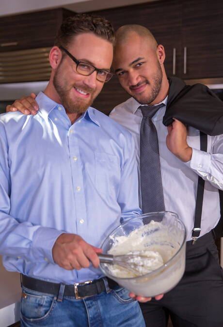 Falcon Studios: Dutch beefy Logan Moore and black hunk Jason Vario in hot ass fuck action in the kitchen