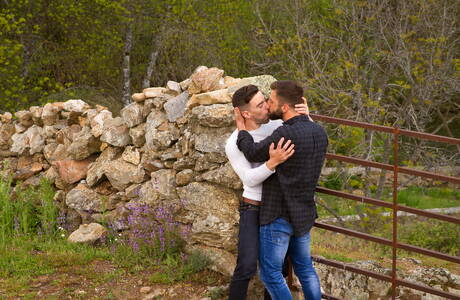 Portuguese well-built Hector De Silva and spanish young boy Josh Milk love each other outdoor