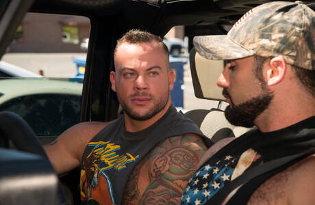 Hot american boys hairy bear Jaxton Wheeler and bull Sean Duran in dick sucking scene outdoor