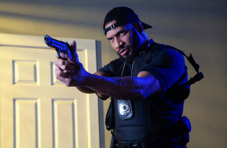 Well-built Lorenzo Flexx and ebony muscular Jay Landford in black on white love