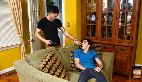 Tough guy Ethan and american strongman Damien Kyle drilling an ass