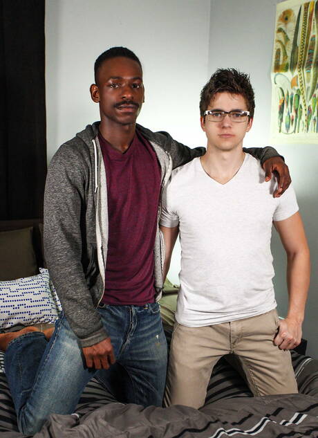 Men: American well-built Will Braun and black strongman River Wilson in black on white anal sex