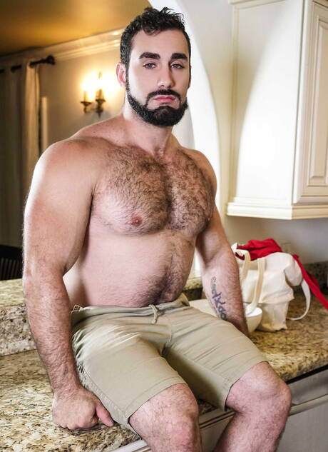 Hot americans, hairy bear Jaxton Wheeler and stud Jake Porter fuck ass after blowjob in kitchen