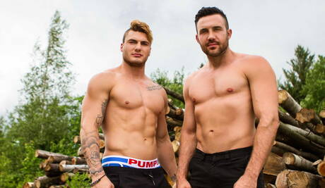 Muskelprotz Jessy Bernardo und der kanadische Superhengst William Seed bei heißem Arschfick im Freien