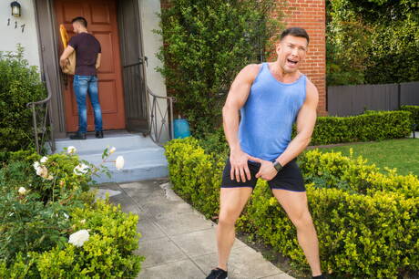 Canadian beefcake Shane Jackson and american muscular Bruce Beckham sucking and fucking each other outside