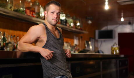 Men: British strongman Luke Adams and american otter Colby Keller fuck after blowjob