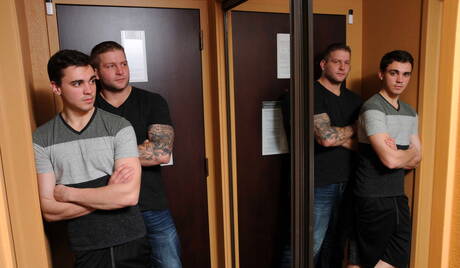 Sexy americans, gay bear Colby Jansen and hunky guy Asher Hawk have a hot couple scene in bathroom