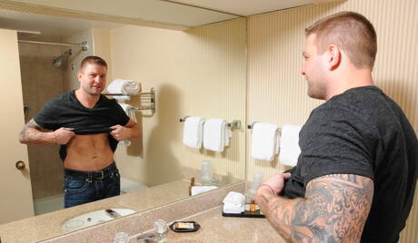 Sexy americans, gay bear Colby Jansen and hunky guy Asher Hawk have a hot couple scene in bathroom