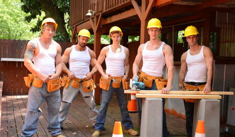 Men: Johnny, Cameron, Tom, Brad, Matthew in hot bang outdoor