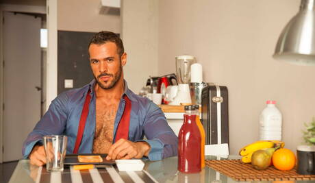 Men.com: Latino beefcake Flex and latin hairy bear Denis Vega in hot homosexual scene in kitchen