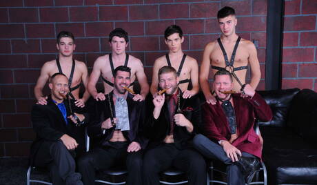 John Magnum, Johnny Rapid, Justin Dean, Robbie Rivers, Colby Jansen, Billy Santoro, Corey Haynes, Charlie Harding in wild 8-guy orgy