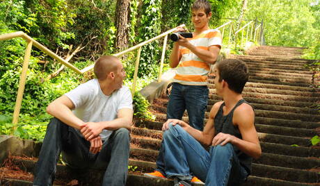 Horny guys Johnny Rapid, Aj Sylvester and Cash Walker have threesome anal sex outside