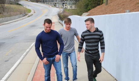 Horny guys Johnny Rapid, Cooper Reed and Angel Rock have a good threesome sex outdoor