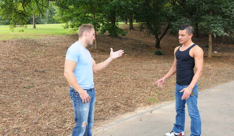 Men: Nice american buddies hunky guy Ethan Slade and beefy Ryan Rockford make a love outside