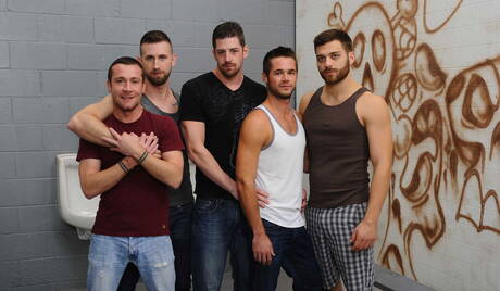 Tommy Defendi, Trevor Knight, Mike De Marko, Andrew, Troy fucking each other in bathroom