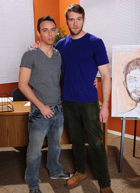 Knappe Amerikaanse jongens, harige hengst Colby Keller en gespierde kerel Rylan Shaw in hete homoseksuele actie