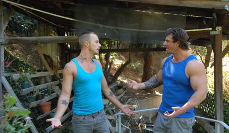 Two american guys strong bull Zeb Atlas and otter Jessie Colter wanking outdoor