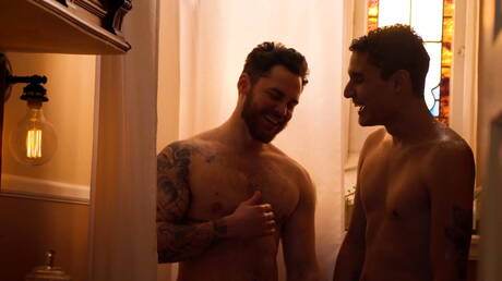 Men: Matthew Camp and american strongman Marco Lorenzo fuck ass after sucking cock in hot shower