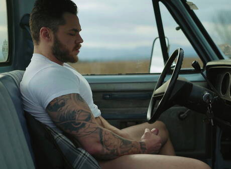 Hunky guy Matthew Camp and beefy Levi Wolfe have a hot couple scene in bathroom